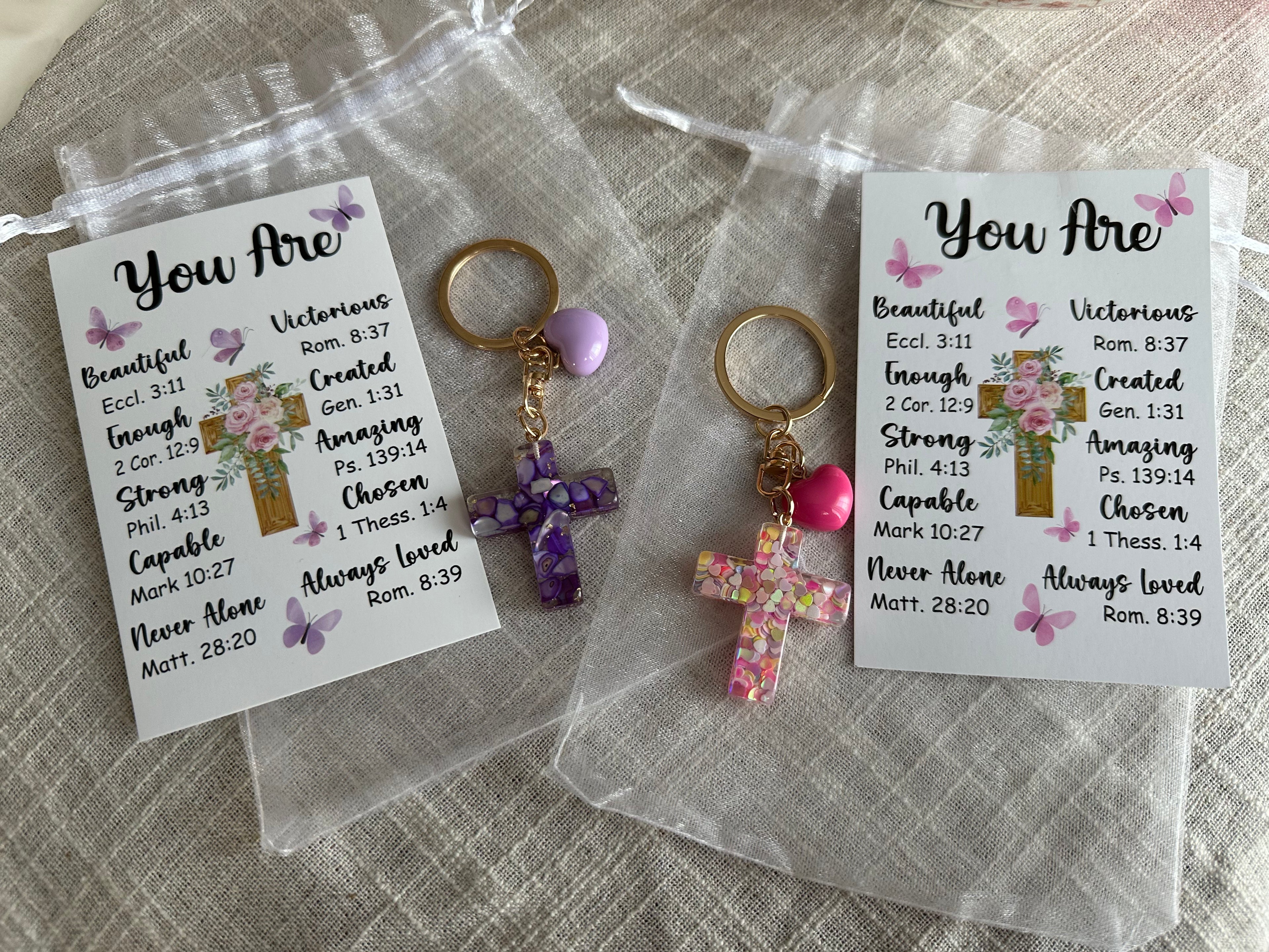 Inspirational Resin Cross Keychain Set with Scripture Card & Organza Gift Bag | Christian Faith Charm