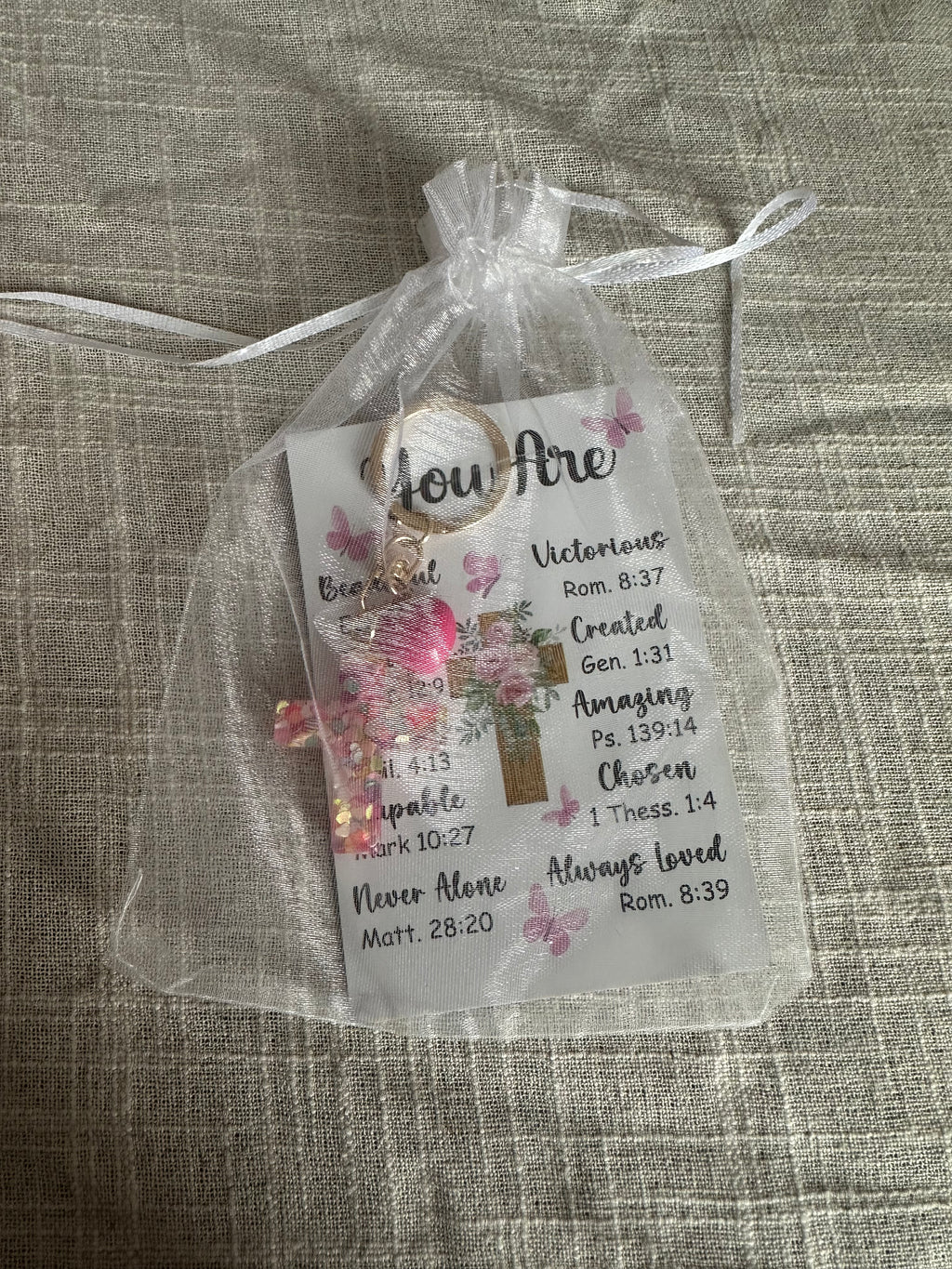 Inspirational Resin Cross Keychain Set with Scripture Card & Organza Gift Bag | Christian Faith Charm