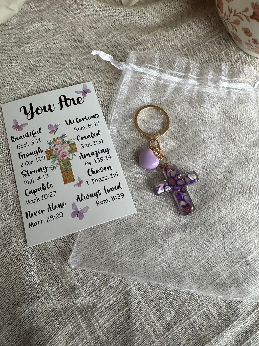 Inspirational Resin Cross Keychain Set with Scripture Card & Organza Gift Bag | Christian Faith Charm