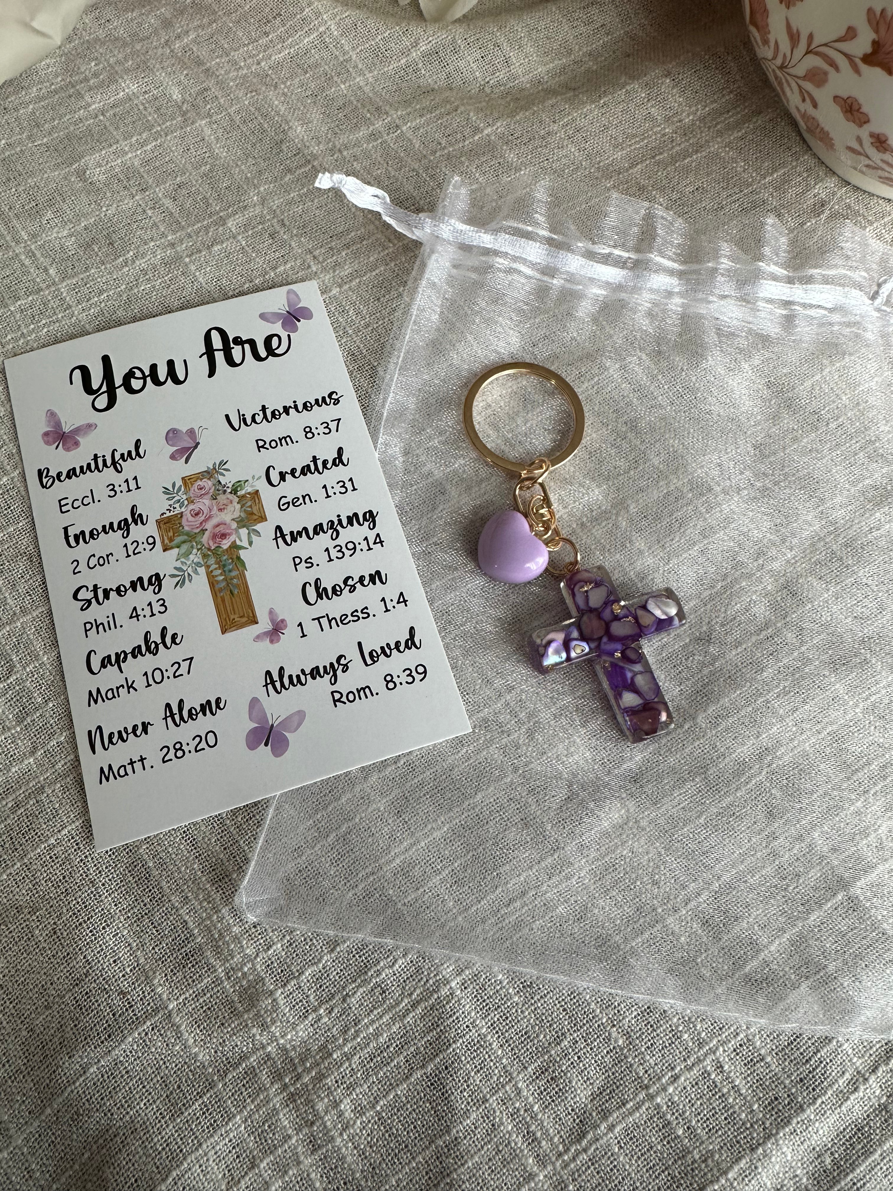Inspirational Resin Cross Keychain Set with Scripture Card & Organza Gift Bag | Christian Faith Charm