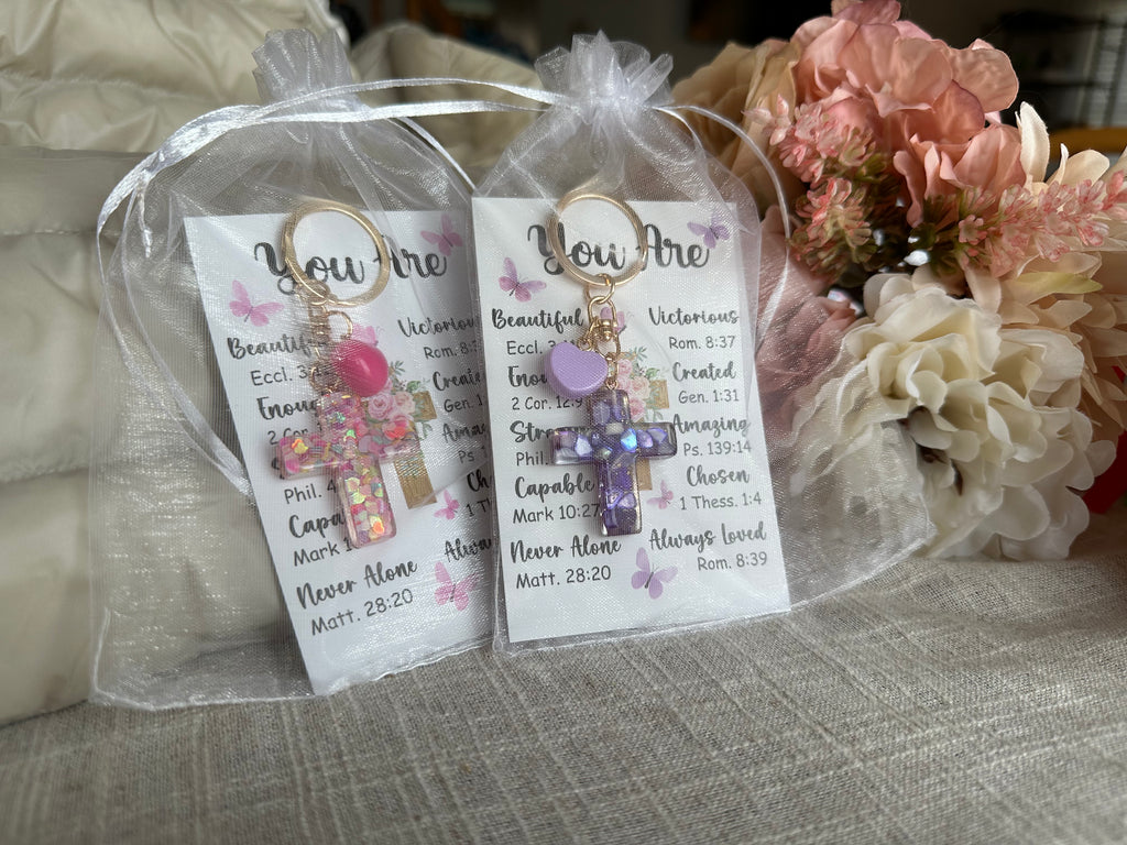 Inspirational Resin Cross Keychain Set with Scripture Card & Organza Gift Bag | Christian Faith Charm