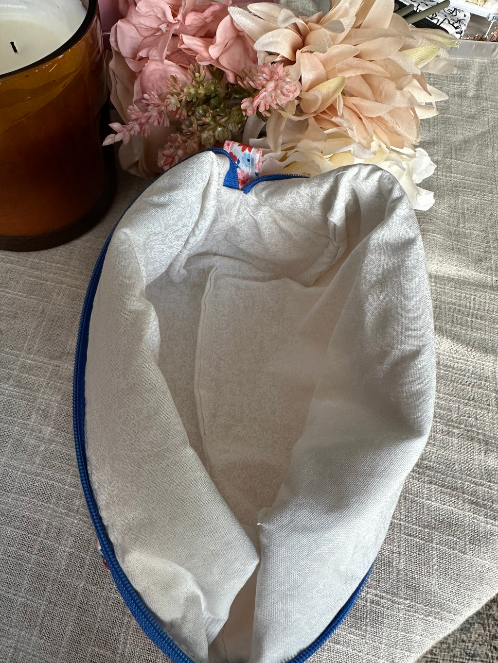 Handcrafted Quilted Boxy Pouch – Red & Blue Flowers