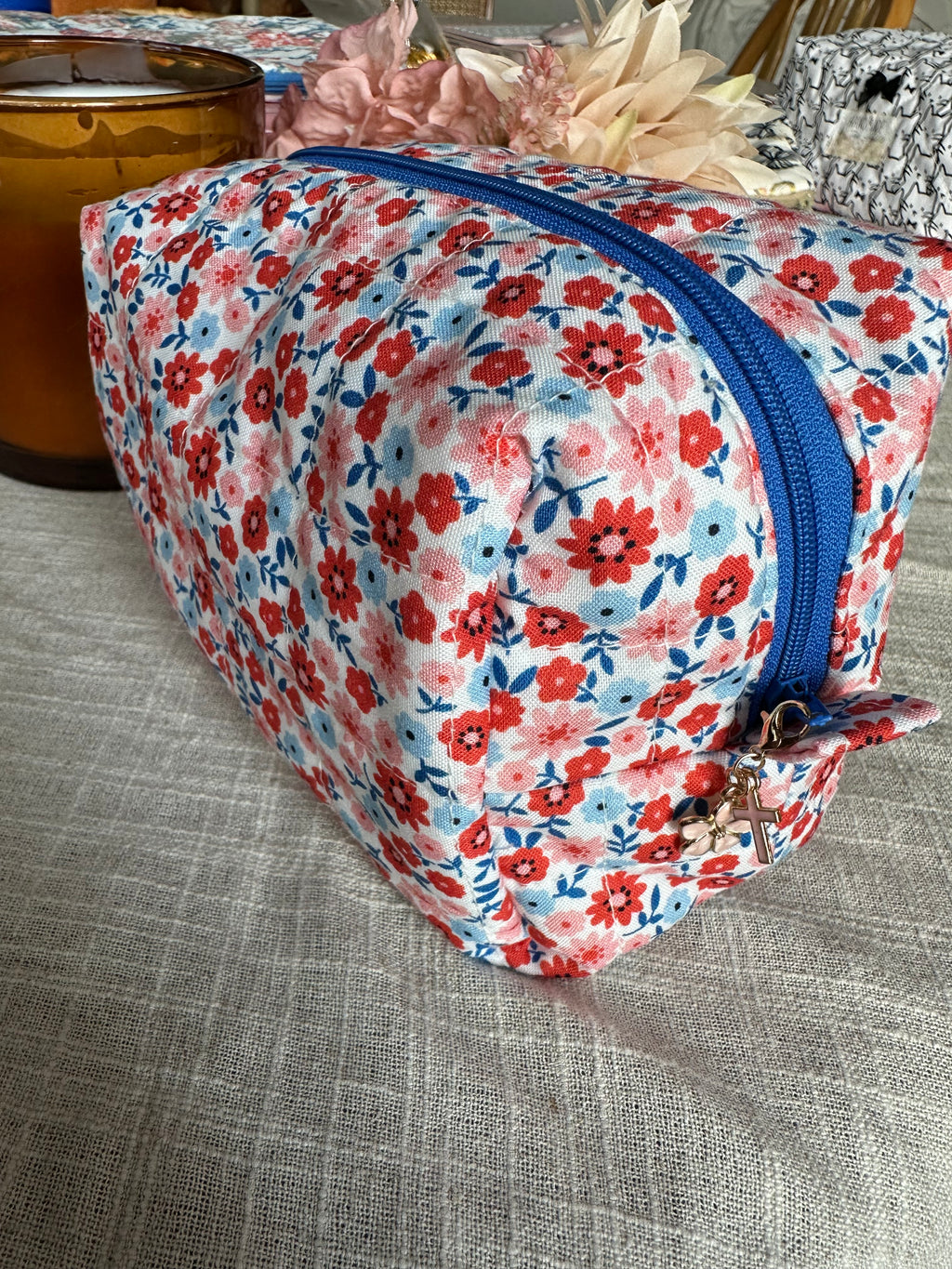 Handcrafted Quilted Boxy Pouch – Red & Blue Flowers