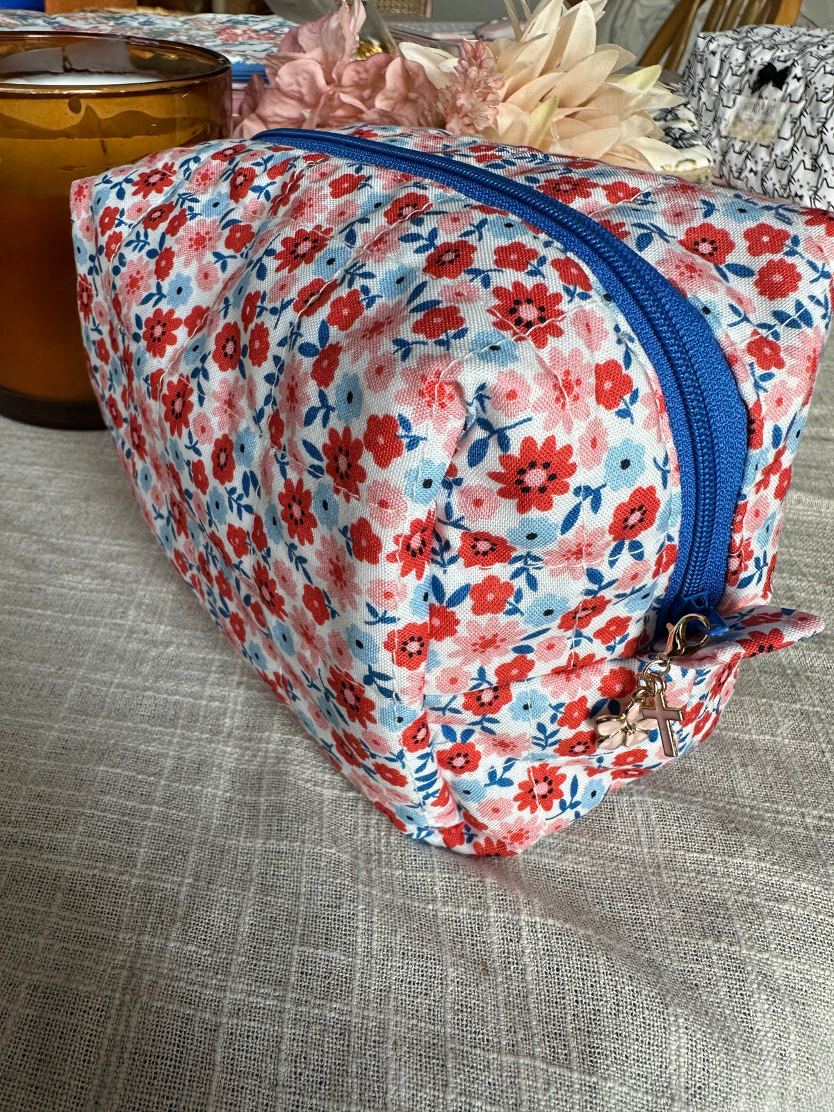 Handcrafted Quilted Boxy Pouch – Red & Blue Flowers