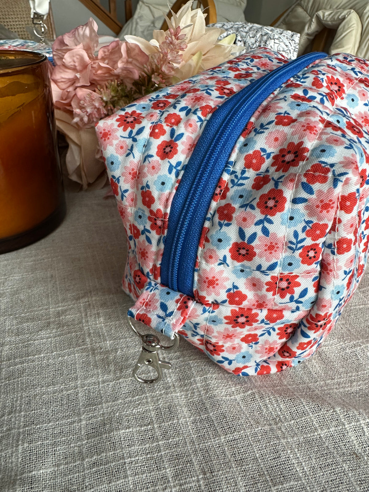 Handcrafted Quilted Boxy Pouch – Red & Blue Flowers