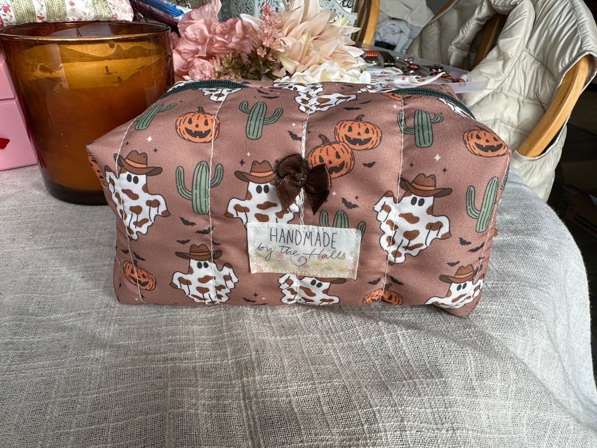 Handcrafted Quilted Boxy Pouch – Cow Print Ghosts