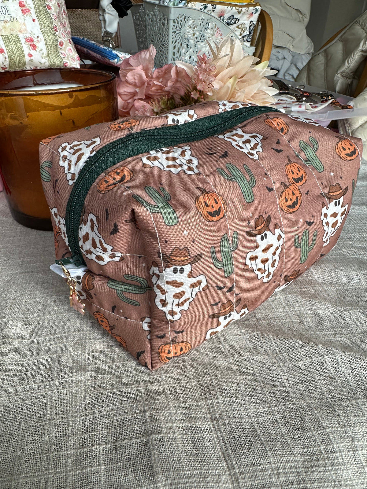 Handcrafted Quilted Boxy Pouch – Cow Print Ghosts