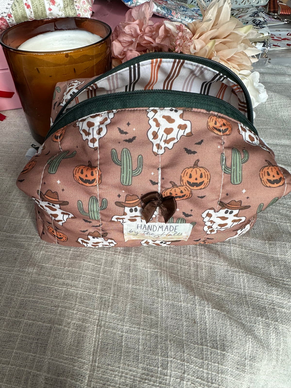 Handcrafted Quilted Boxy Pouch – Cow Print Ghosts